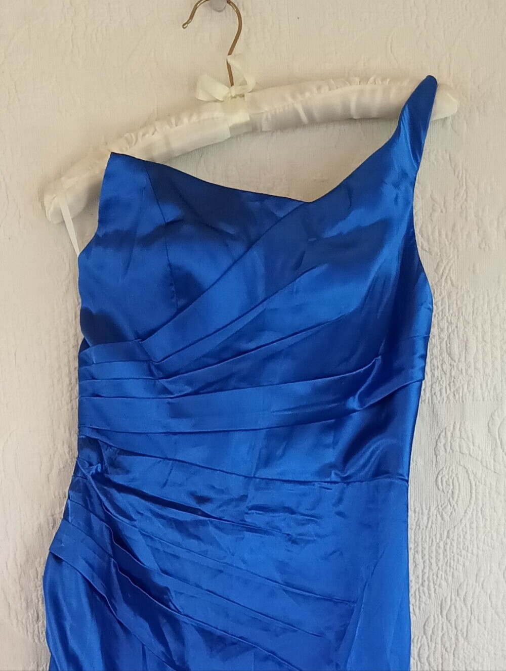 Satin One-Shoulder Evening Gown Cobalt Blue Corset Back Flowy Colorful Goddess - Picture 4 of 9